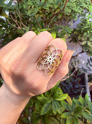 Boho Brass Adjustable Ring, Geometric Flower Ring, Minimalist Bohemian Jewellery, Adjustable Statement Ring, Boho Style Gift for Her