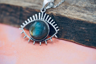 Labradoite Eye Pendant, Stainless Steel Chain, Pendant 1 Micron Silver Plated Brass