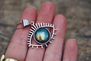Labradoite Eye Pendant, Stainless Steel Chain, Pendant 1 Micron Silver Plated Brass