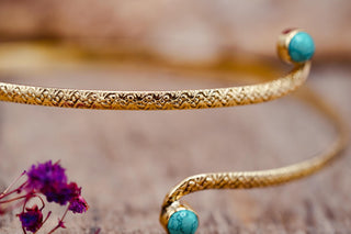 Brass Armlet - Turquoise Cuff Bracelet – Textured Gold Upper Arm Bracelet, Boho Goddess Jewellery, Adjustable Statement Arm Band, Festival