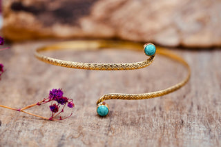Brass Armlet - Turquoise Cuff Bracelet – Textured Gold Upper Arm Bracelet, Boho Goddess Jewellery, Adjustable Statement Arm Band, Festival
