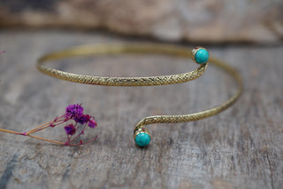 Brass Armlet - Turquoise Cuff Bracelet – Textured Gold Upper Arm Bracelet, Boho Goddess Jewellery, Adjustable Statement Arm Band, Festival