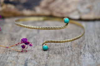 Brass Armlet - Turquoise Cuff Bracelet – Textured Gold Upper Arm Bracelet, Boho Goddess Jewellery, Adjustable Statement Arm Band, Festival
