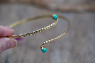 Brass Armlet - Turquoise Cuff Bracelet – Textured Gold Upper Arm Bracelet, Boho Goddess Jewellery, Adjustable Statement Arm Band, Festival