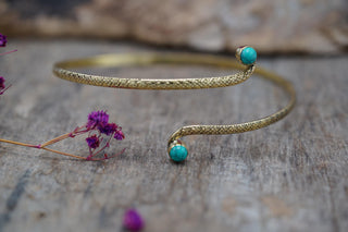 Brass Armlet - Turquoise Cuff Bracelet – Textured Gold Upper Arm Bracelet, Boho Goddess Jewellery, Adjustable Statement Arm Band, Festival