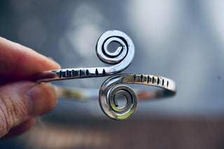 Solid Silver Plated Spiral Cuff Bracelet – Adjustable Arm Cuff, Forearm Bracelet, Boho Silver Bangle