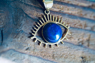 Chunky Lapis Lazuli Eye Brass Pendant, Stainless Steel Chain, Statement Necklace, Unique Gift