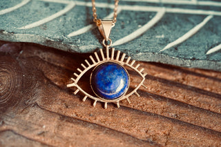 Chunky Lapis Lazuli Eye Brass Pendant, Stainless Steel Chain, Statement Necklace, Unique Gift