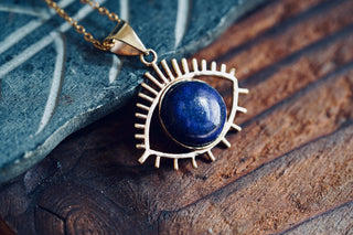 Chunky Lapis Lazuli Eye Brass Pendant, Stainless Steel Chain, Statement Necklace, Unique Gift