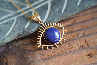 Chunky Lapis Lazuli Eye Brass Pendant, Stainless Steel Chain, Statement Necklace, Unique Gift