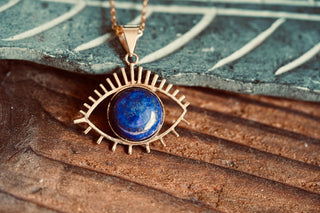 Chunky Lapis Lazuli Eye Brass Pendant, Stainless Steel Chain, Statement Necklace, Unique Gift