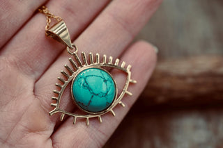 Chunky Turquoise Eye Brass Pendant, Stainless Steel Chain, Statement Necklace, Unique Gift