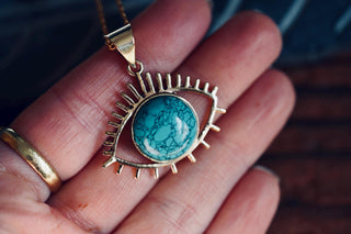 Chunky Turquoise Eye Brass Pendant, Stainless Steel Chain, Statement Necklace, Unique Gift
