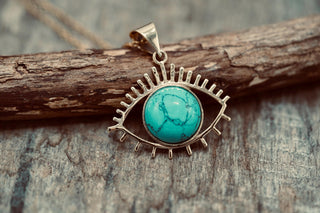 Chunky Turquoise Eye Brass Pendant, Stainless Steel Chain, Statement Necklace, Unique Gift