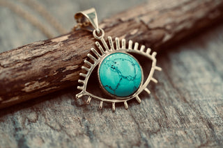 Chunky Turquoise Eye Brass Pendant, Stainless Steel Chain, Statement Necklace, Unique Gift