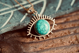 Chunky Turquoise Eye Brass Pendant, Stainless Steel Chain, Statement Necklace, Unique Gift