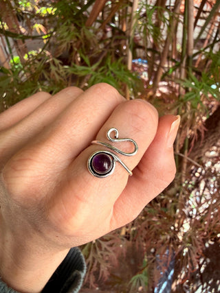 Boho Amethyst Silver Ring, Non Tarnish Jewellery Adjustable Silver Ring