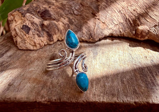Silver Turquoise Adjustable Ring, Non Tarnish Spiral Shape Double Stone, One Size Boho Ring for Her
