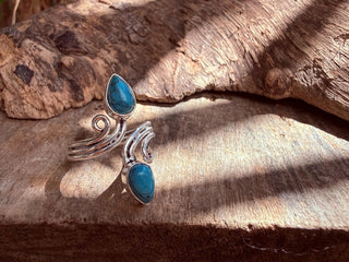 Silver Turquoise Adjustable Ring, Non Tarnish Spiral Shape Double Stone, One Size Boho Ring for Her