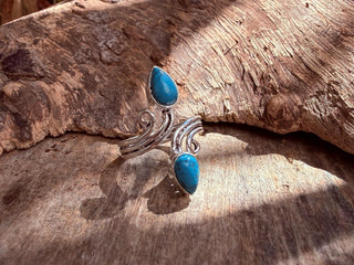 Silver Turquoise Adjustable Ring, Non Tarnish Spiral Shape Double Stone, One Size Boho Ring for Her