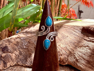 Silver Turquoise Adjustable Ring, Non Tarnish Spiral Shape Double Stone, One Size Boho Ring for Her