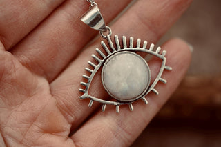 Moonstone Silver Evil Eye Necklace / Stainless Steel Chain / Stone / Ethnic / Hypoallergenic / Third Eye / Illuminati