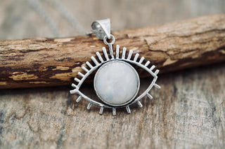 Moonstone Silver Evil Eye Necklace / Stainless Steel Chain / Stone / Ethnic / Hypoallergenic / Third Eye / Illuminati