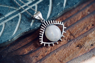 Moonstone Silver Evil Eye Necklace / Stainless Steel Chain / Stone / Ethnic / Hypoallergenic / Third Eye / Illuminati