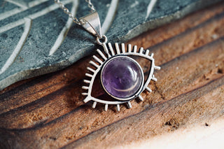 Silver Eye Amethyst Pendant Necklace, Stainless Steel Chain, Bohemian Jewellery for Women