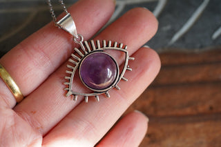 Silver Eye Amethyst Pendant Necklace, Stainless Steel Chain, Bohemian Jewellery for Women
