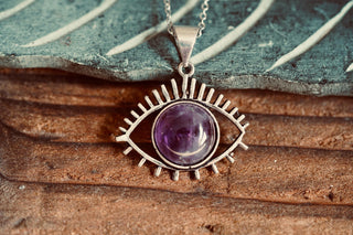 Silver Eye Amethyst Pendant Necklace, Stainless Steel Chain, Bohemian Jewellery for Women