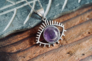 Silver Eye Amethyst Pendant Necklace, Stainless Steel Chain, Bohemian Jewellery for Women