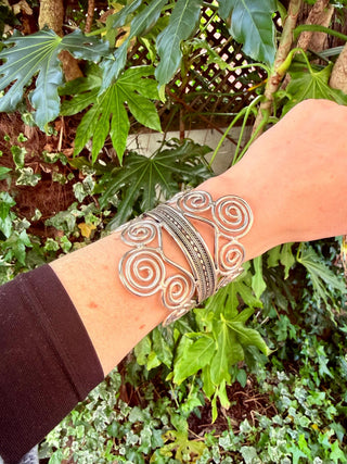 Boho Silver Cuff Bracelet – Adjustable Spiral Arm Cuff – Goddess Statement Bracelet – Tribal Bohemian Jewellery – Festival Wrist Cuff