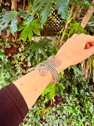 Boho Silver Cuff Bracelet – Adjustable Spiral Arm Cuff – Goddess Statement Bracelet – Tribal Bohemian Jewellery – Festival Wrist Cuff
