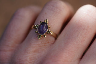 Amethyst Brass Ring, Boho Moonstone Ring, Natural Stone Ring, Vintage Gold Ring, Spiritual Gift for Her, Bohemian Jewellery