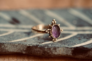 Amethyst Brass Ring, Boho Moonstone Ring, Natural Stone Ring, Vintage Gold Ring, Spiritual Gift for Her, Bohemian Jewellery