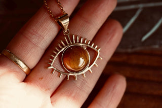 Chunky Tiger's Eye Brass Pendant Necklace, Stainless Steel Chain, Bohemian Jewellery for Women