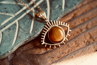 Chunky Tiger's Eye Brass Pendant Necklace, Stainless Steel Chain, Bohemian Jewellery for Women