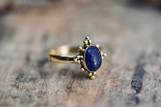Lapis Lazuli Brass Ring, Boho Moonstone Ring, Natural Stone Ring, Vintage Gold Ring, Spiritual Gift for Her, Bohemian Jewellery