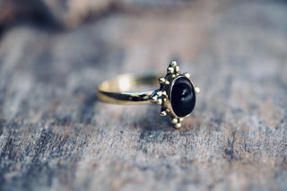 Black Onyx Brass Ring, Boho Moonstone Ring, Natural Stone Ring, Vintage Gold Ring, Spiritual Gift for Her, Bohemian Jewellery