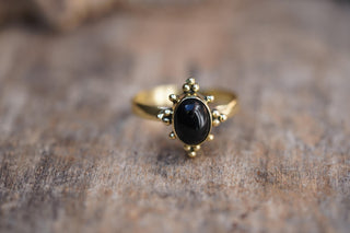 Black Onyx Brass Ring, Boho Moonstone Ring, Natural Stone Ring, Vintage Gold Ring, Spiritual Gift for Her, Bohemian Jewellery