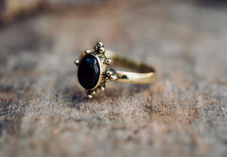 Black Onyx Brass Ring, Boho Moonstone Ring, Natural Stone Ring, Vintage Gold Ring, Spiritual Gift for Her, Bohemian Jewellery