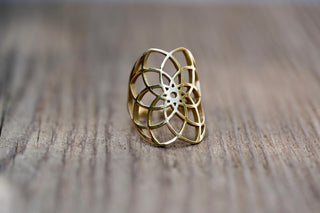 Boho Brass Adjustable Ring, Geometric Flower Ring, Minimalist Bohemian Jewellery, Adjustable Statement Ring, Boho Style Gift for Her