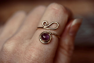 Boho Amethyst Brass Ring, Adjustable Spiral Ring, Wrap Ring for Women