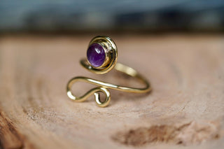 Boho Amethyst Brass Ring, Adjustable Spiral Ring, Wrap Ring for Women
