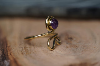 Boho Amethyst Brass Ring, Adjustable Spiral Ring, Wrap Ring for Women