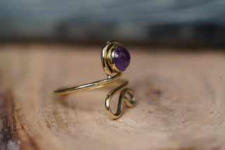 Boho Amethyst Brass Ring, Adjustable Spiral Ring, Wrap Ring for Women