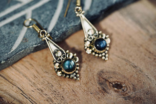 Small Ethnic Dangle Earrings Labradorite Brass, Small Bohemian Earrings