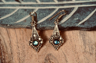 Small Ethnic Dangle Earrings Labradorite Brass, Small Bohemian Earrings