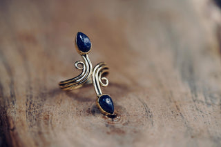 Spiral Brass Lapis Lazuli Adjustable Ring, One size bohemian Ring for Her